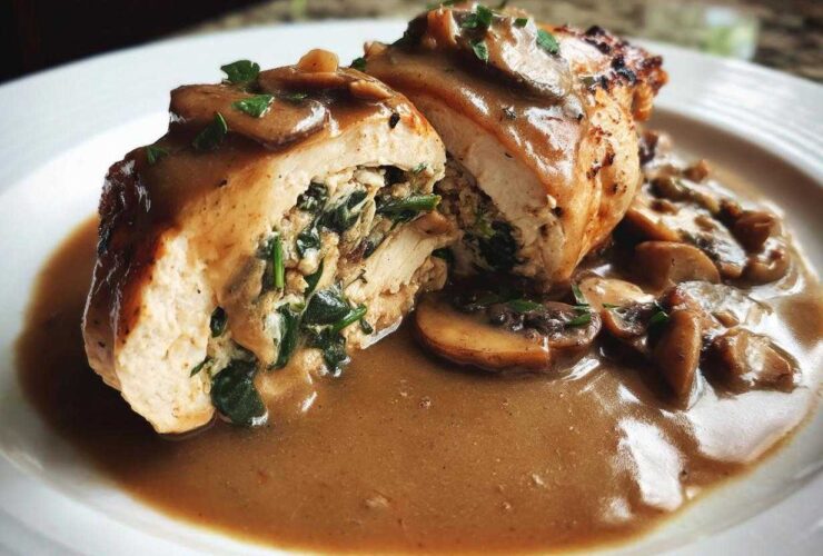 Close-up of Copycat Olive Garden Stuffed Chicken Marsala, cut in half showing spinach filling, covered in mushroom sauce.
