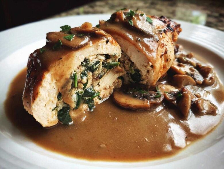 Close-up of Copycat Olive Garden Stuffed Chicken Marsala, cut in half showing spinach filling, covered in mushroom sauce.