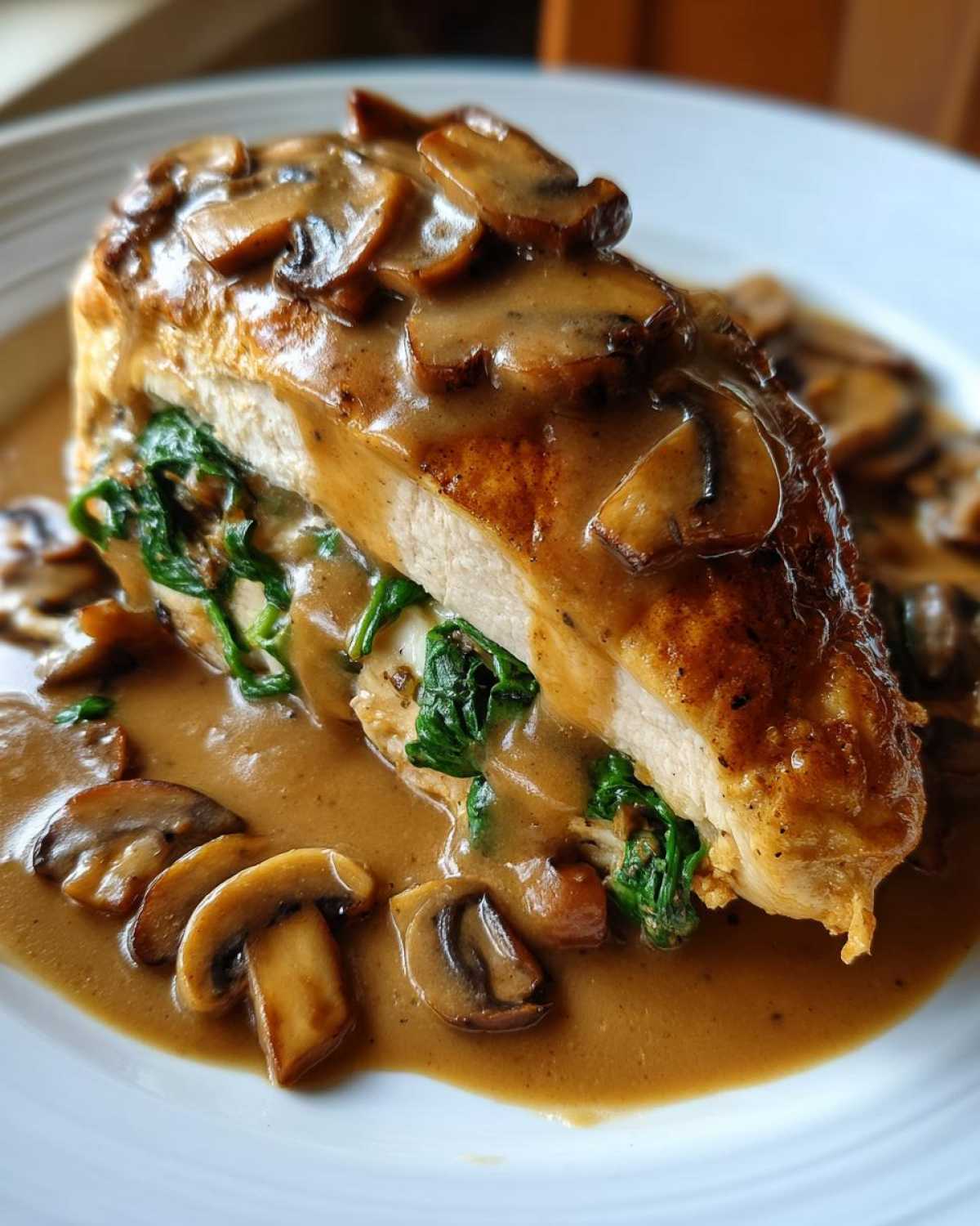 Close-up of Copycat Olive Garden Stuffed Chicken Marsala, showing spinach filling and rich mushroom Marsala sauce.