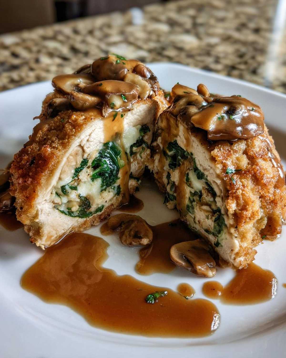 Cross-section of Copycat Olive Garden Stuffed Chicken Marsala showing spinach, cheese filling, and mushroom marsala sauce.