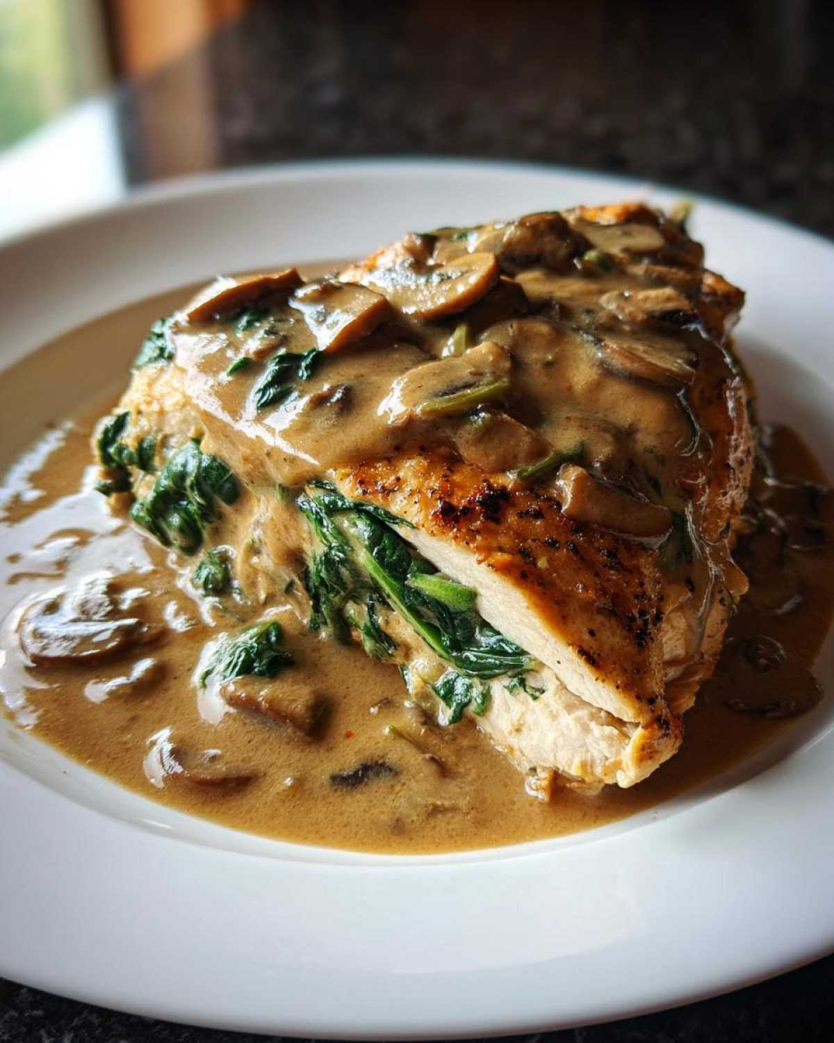 A cross-section of Copycat Olive Garden Stuffed Chicken Marsala, showing spinach filling and mushroom Marsala sauce.