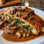 A cross-section of Copycat Olive Garden Stuffed Chicken Marsala, stuffed with spinach and topped with mushroom Marsala sauce.
