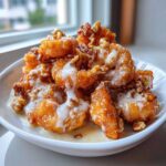Close-up of crispy, glazed Copycat Panda Express Honey Walnut Shrimp drizzled with creamy sauce and topped with walnuts.