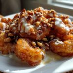 Close-up of crispy Copycat Panda Express Honey Walnut Shrimp drizzled with creamy sauce and topped with chopped walnuts.