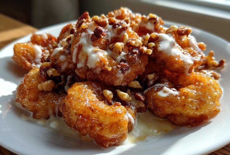 Close-up of crispy Copycat Panda Express Honey Walnut Shrimp drizzled with creamy sauce and topped with chopped walnuts.