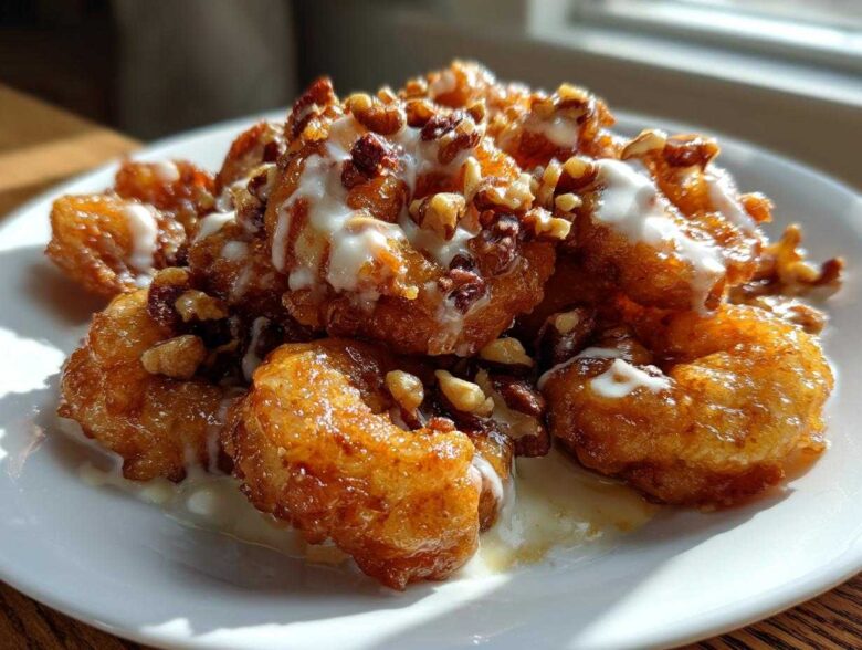 Close-up of crispy Copycat Panda Express Honey Walnut Shrimp drizzled with creamy sauce and topped with chopped walnuts.