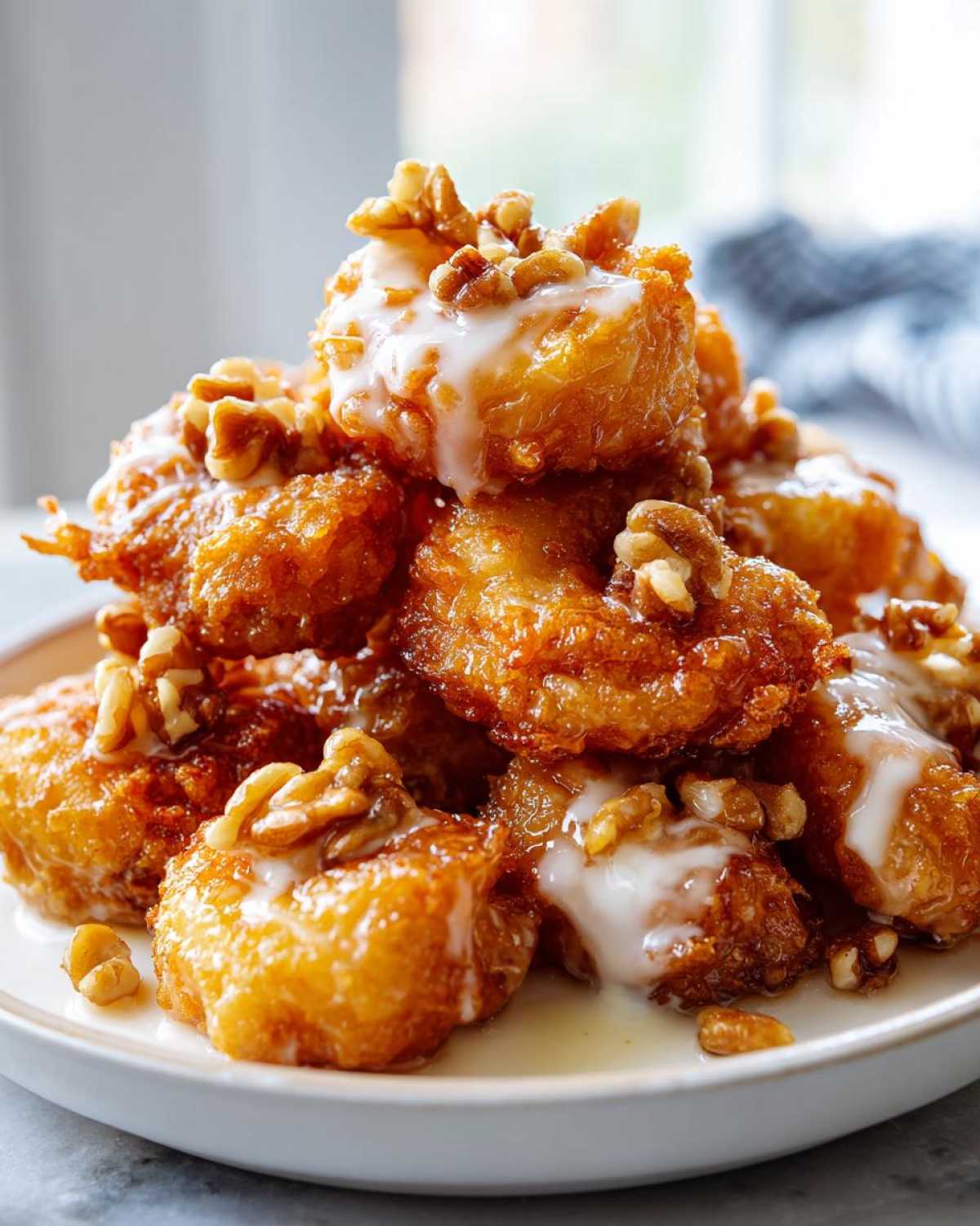 A pile of golden fried shrimp coated in a creamy glaze and topped with chopped walnuts, resembling Copycat Panda Express Honey Walnut Shrimp.