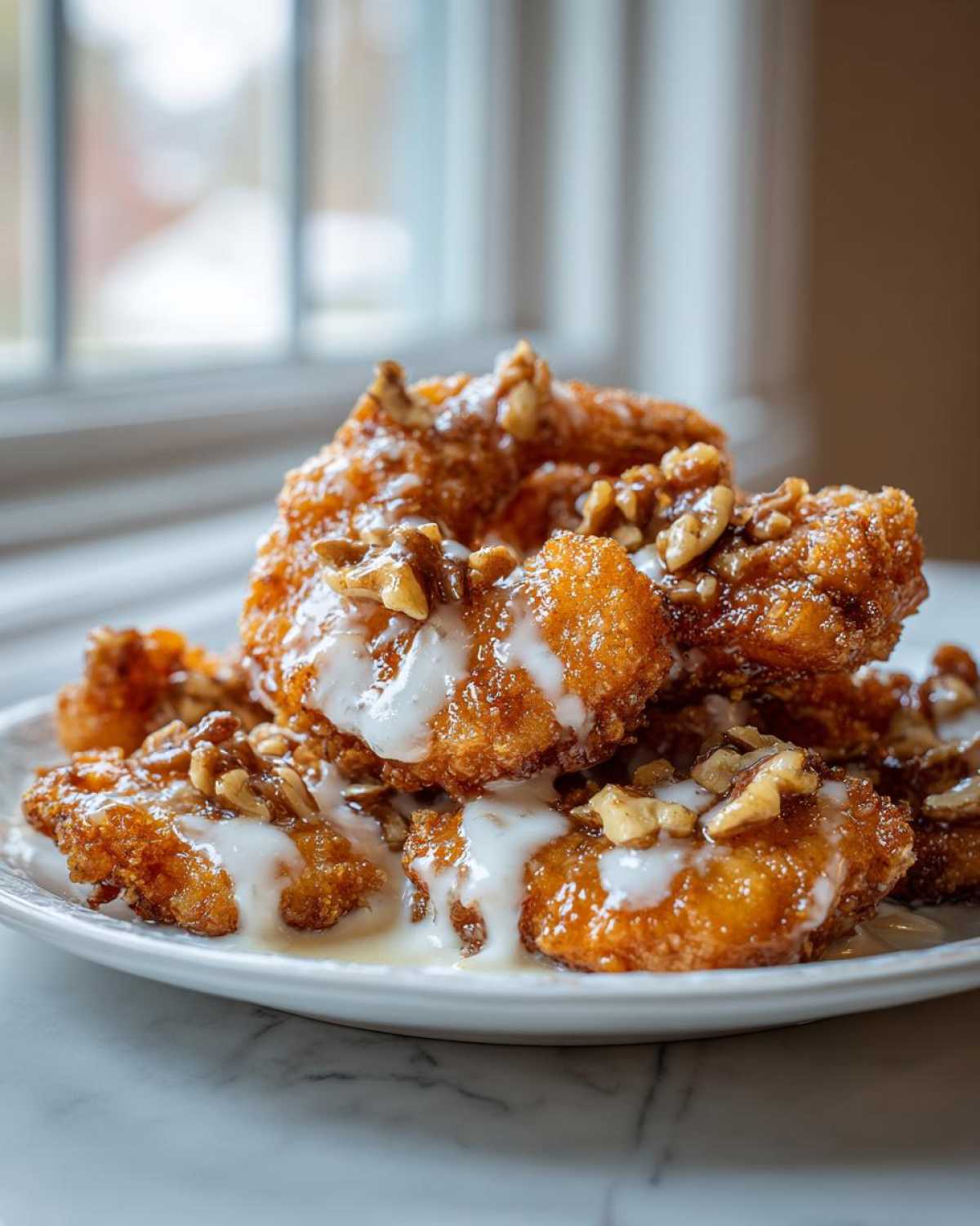 A pile of crispy, glazed Copycat Panda Express Honey Walnut Shrimp drizzled with creamy sauce and topped with walnuts.
