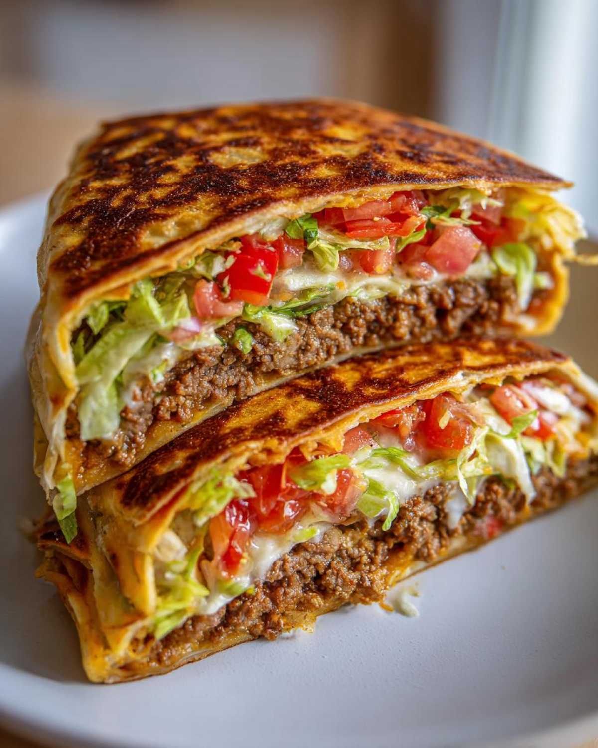 A Copycat Taco Bell Crunchwrap Supreme cut in half, showing layers of seasoned beef, lettuce, tomatoes, and sauce.