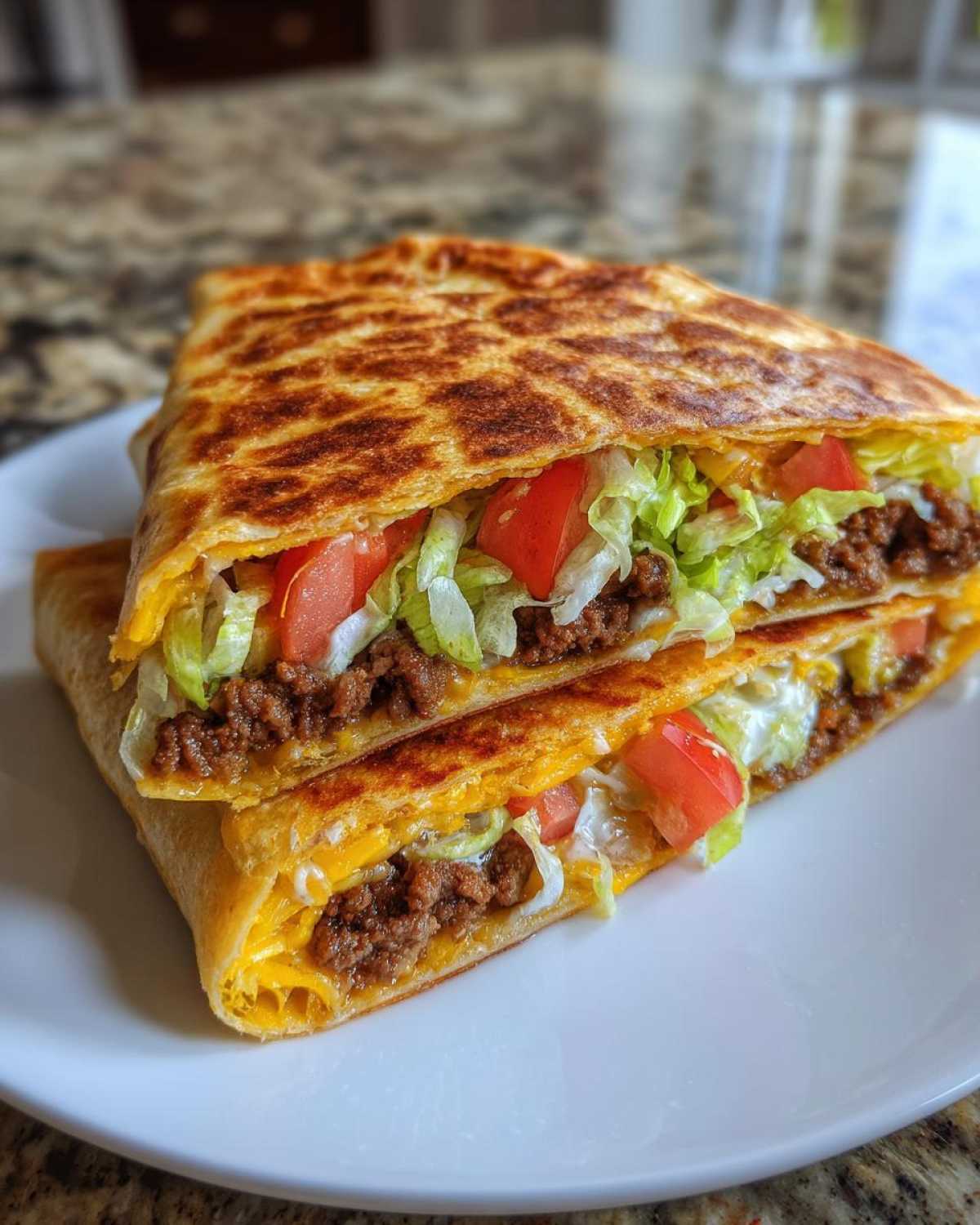 A homemade Copycat Taco Bell Crunchwrap Supreme cut in half, showing layers of seasoned beef, cheese, lettuce, and tomato.