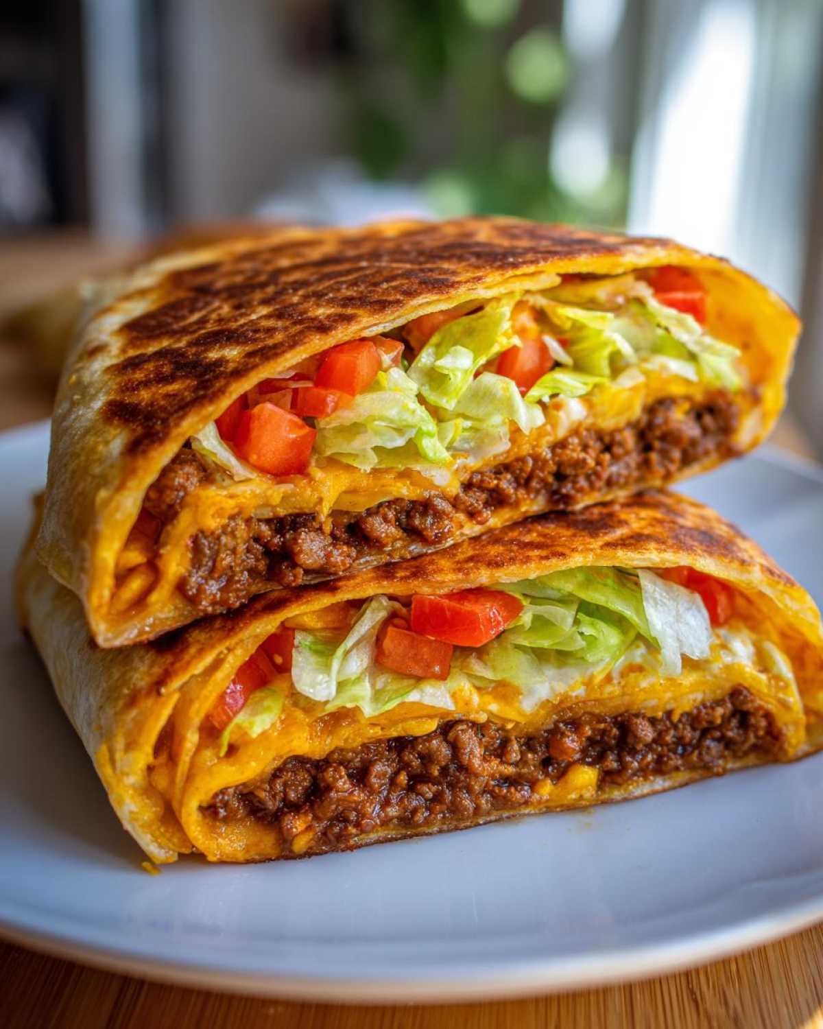 Cross-section view of a Copycat Taco Bell Crunchwrap Supreme showing seasoned beef, cheese, lettuce, and tomatoes.