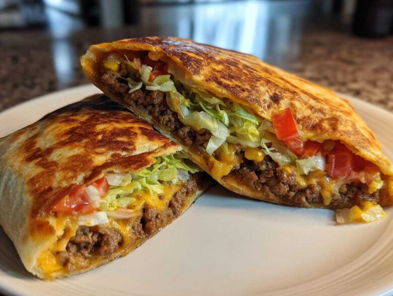 A Copycat Taco Bell Crunchwrap Supreme cut in half showing seasoned beef, lettuce, tomatoes, and melted cheese.