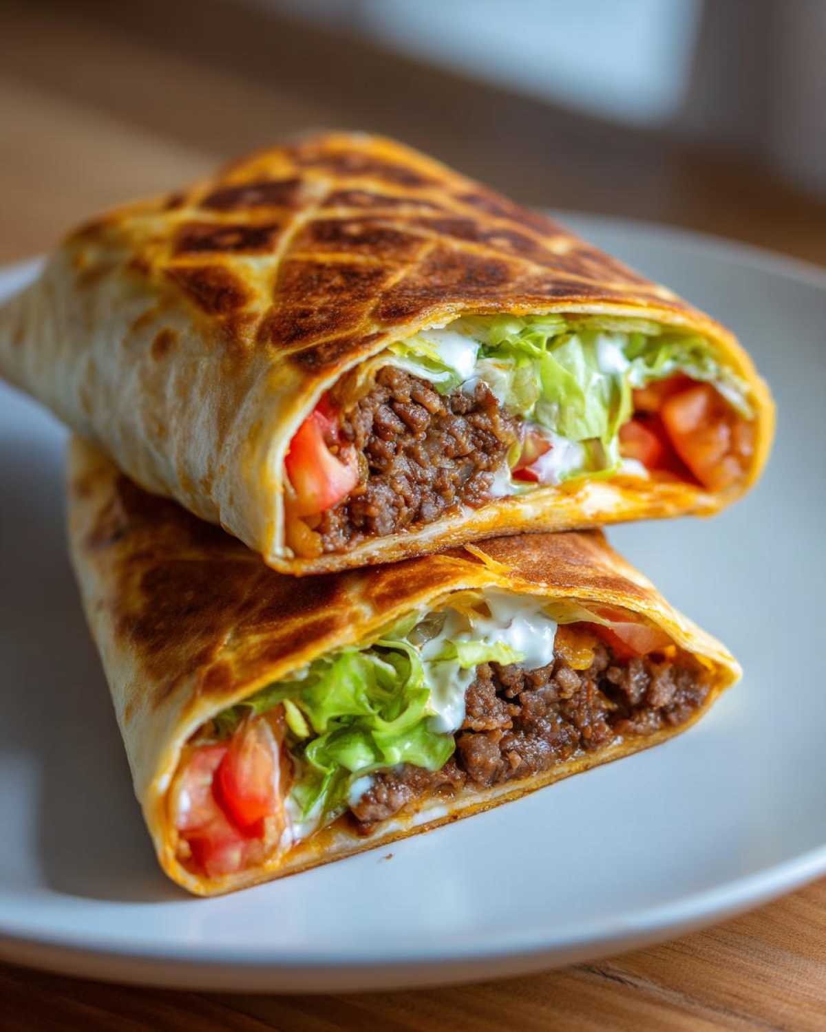 Two halves of a grilled Copycat Taco Bell Crunchwrap Supreme stacked, showing seasoned beef, lettuce, tomato, and sour cream.