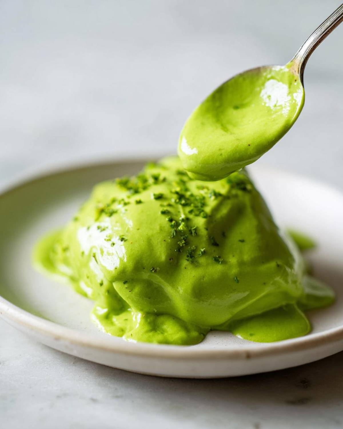 A spoonful of bright green Creamy Avocado Cilantro Sauce is being drizzled over a dollop of the sauce, garnished with herbs.