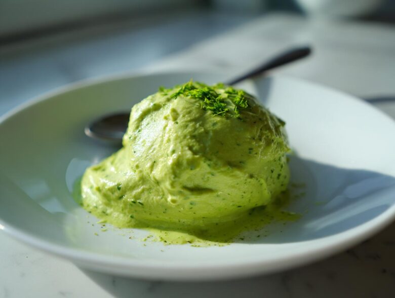 A scoop of bright green, thick Creamy Avocado Cilantro Sauce garnished with finely chopped herbs on a white plate.