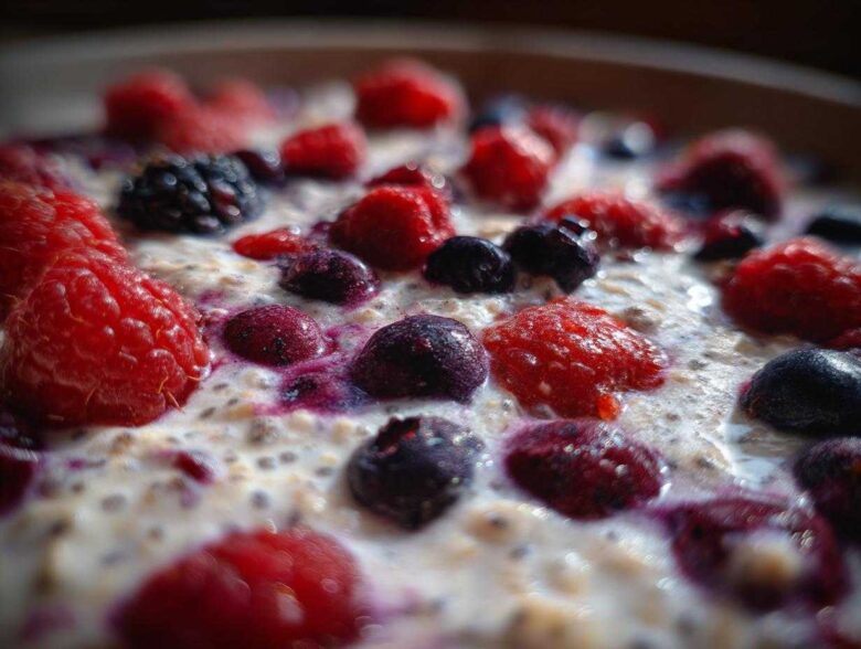 A close-up, macro view of Easy Berry Chia Overnight Oats topped with fresh raspberries, blueberries, and blackberries.