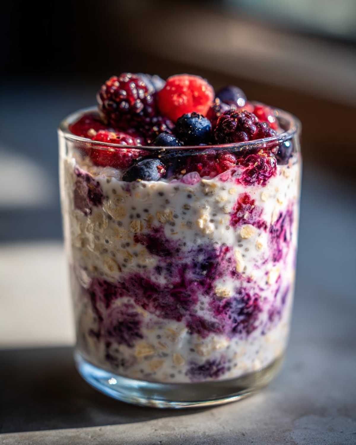 Close-up of Easy Berry Chia Overnight Oats layered with mixed berries in a clear glass.