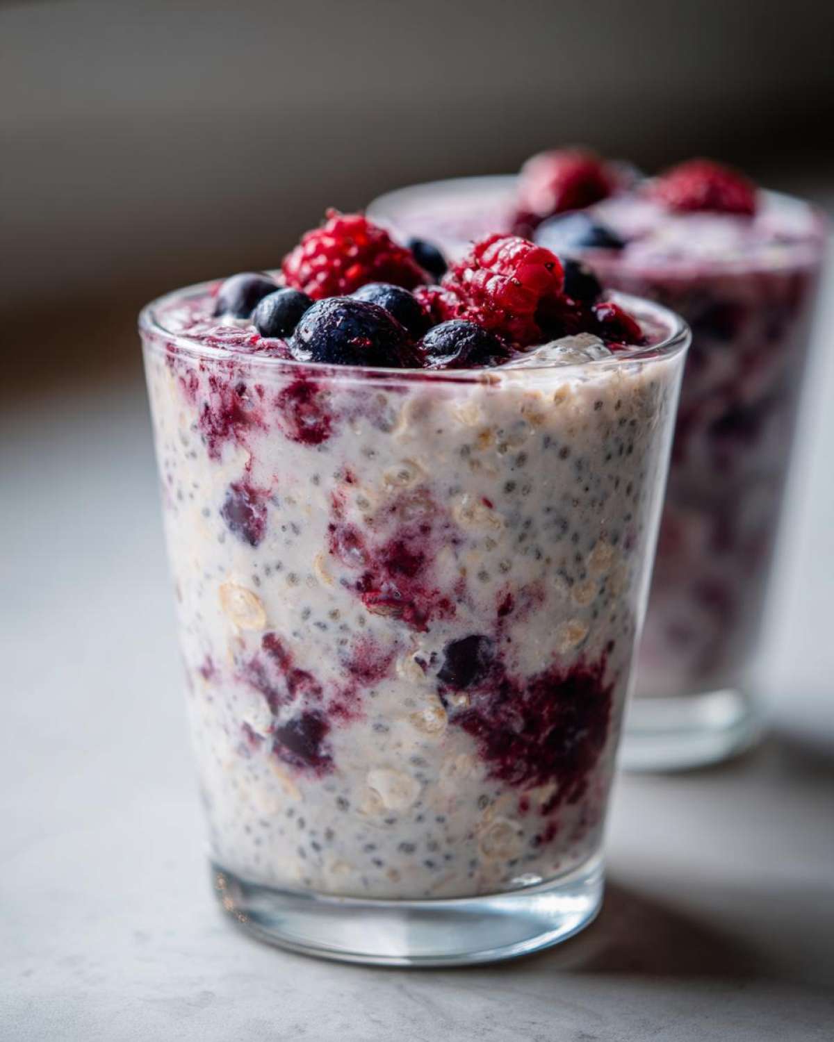Close-up of Easy Berry Chia Overnight Oats topped with fresh raspberries and blueberries in a glass.