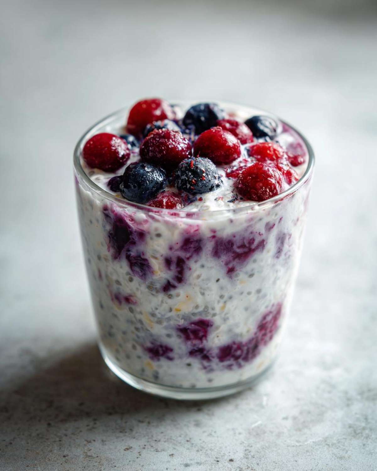 A glass of Easy Berry Chia Overnight Oats topped with fresh blueberries and raspberries.