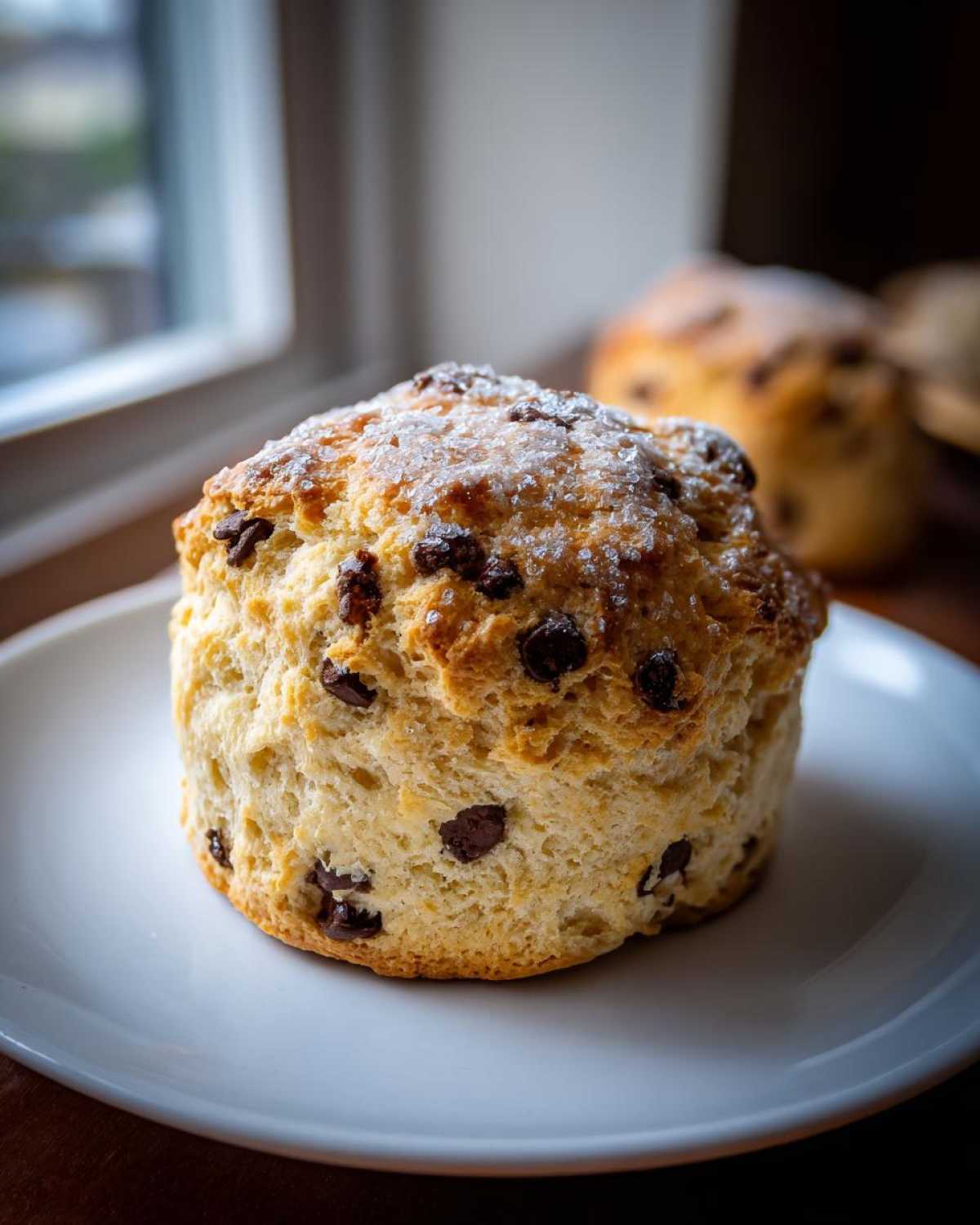 A tall, golden-brown Gluten-Free Chocolate Chip Scone topped with coarse sugar, resting on a white plate.