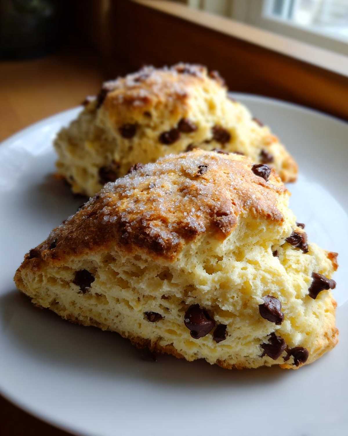 Two freshly baked Gluten-Free Chocolate Chip Scones dusted with coarse sugar on a white plate.