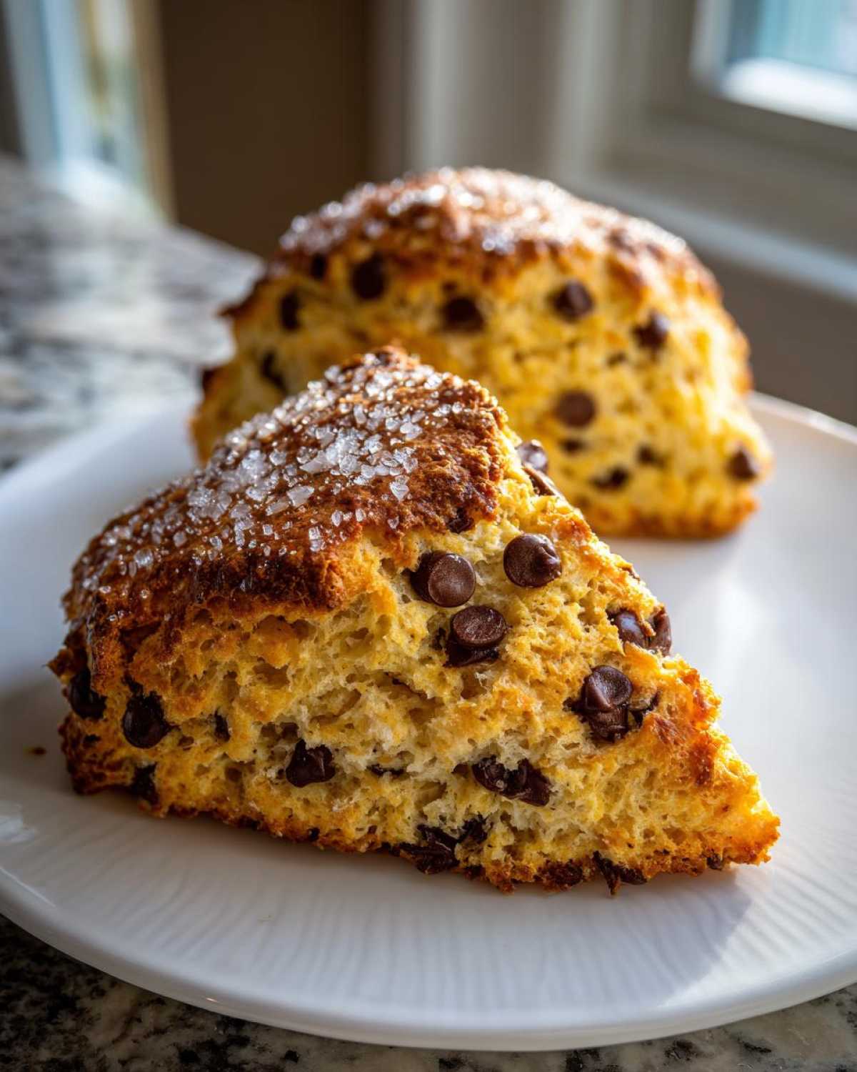 A close-up of a freshly baked Gluten-Free Chocolate Chip Scone, topped with coarse sugar.