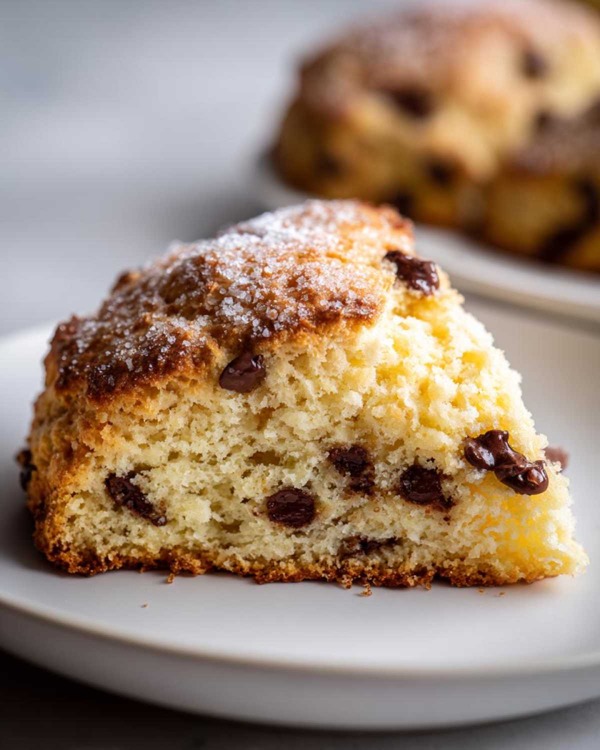 A close-up cross-section of a moist Gluten-Free Chocolate Chip Scones slice topped with coarse sugar.