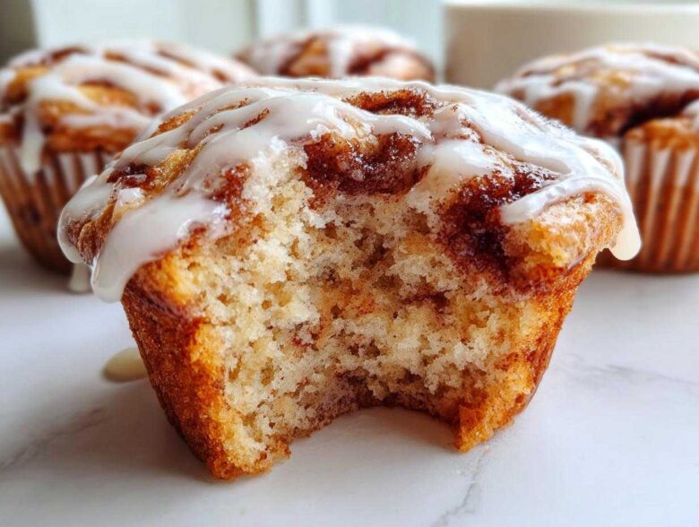 Close-up of a Gluten-Free Cinnamon Roll Muffin with a bite taken out, showing the swirled interior and white glaze.