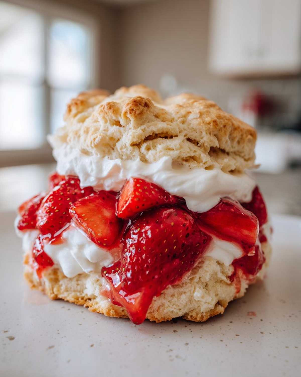 A close-up of a delicious Gluten-Free Strawberry Shortcake Biscuits filled with macerated strawberries and whipped cream.
