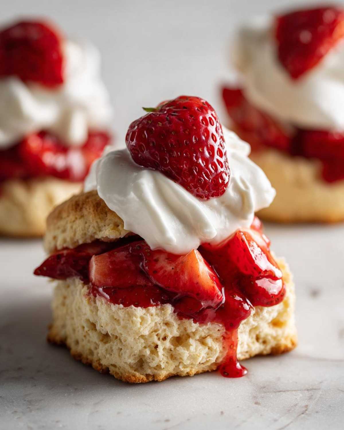 Close-up of a Gluten-Free Strawberry Shortcake Biscuits layered with macerated strawberries and whipped cream.