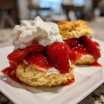 Close-up of two Gluten-Free Strawberry Shortcake Biscuits topped with macerated strawberries and whipped cream on a white plate.