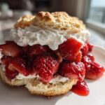A close-up of a delicious Gluten-Free Strawberry Shortcake Biscuits layered with macerated strawberries and whipped cream.