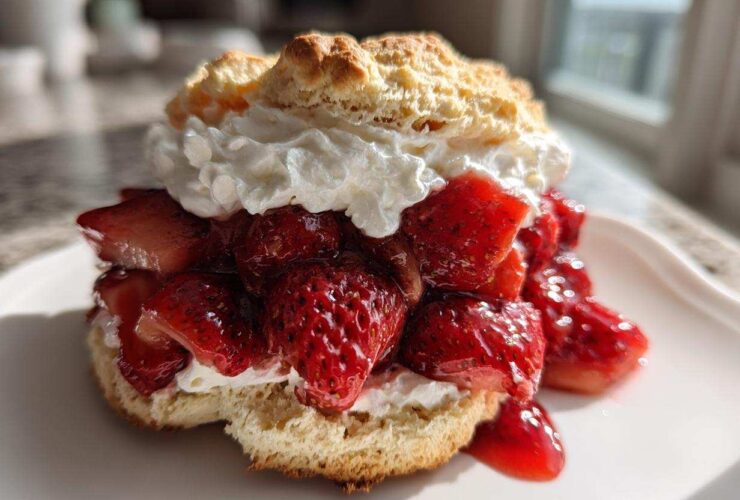 A close-up of a delicious Gluten-Free Strawberry Shortcake Biscuits layered with macerated strawberries and whipped cream.