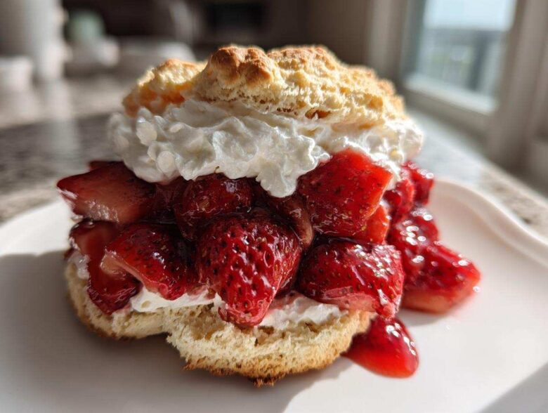 A close-up of a delicious Gluten-Free Strawberry Shortcake Biscuits layered with macerated strawberries and whipped cream.