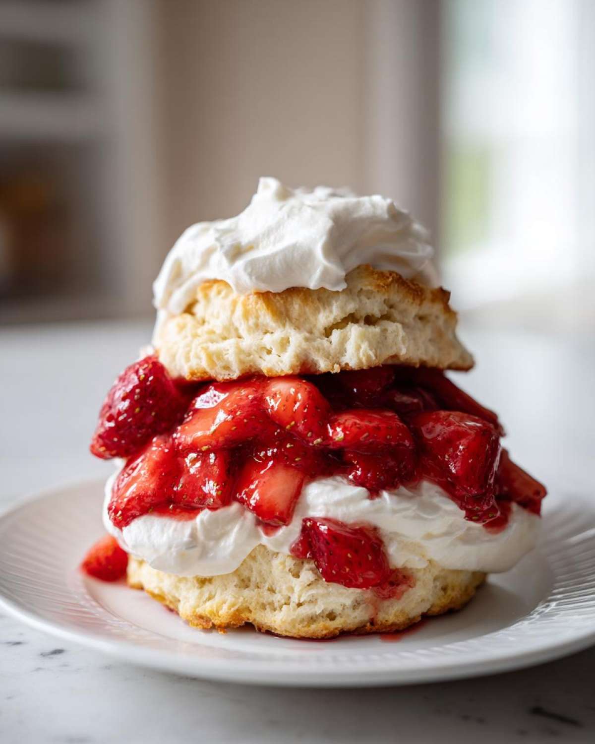 A tall stack of Gluten-Free Strawberry Shortcake Biscuits layered with macerated strawberries and whipped cream.