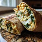 Cross-section of a grilled High-Protein Egg White Breakfast Wrap filled with fluffy egg whites and spinach.