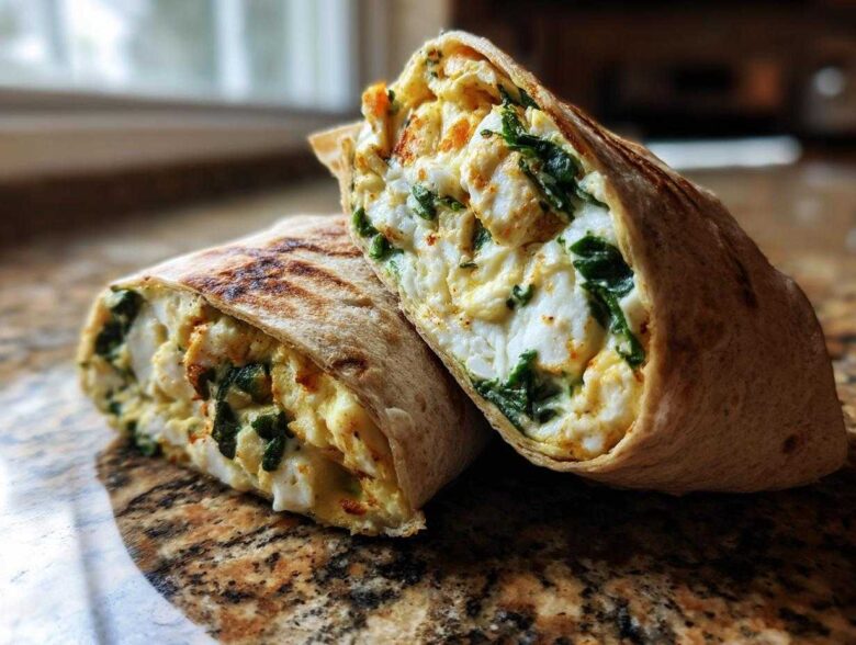 Cross-section of a grilled High-Protein Egg White Breakfast Wrap filled with fluffy egg whites and spinach.