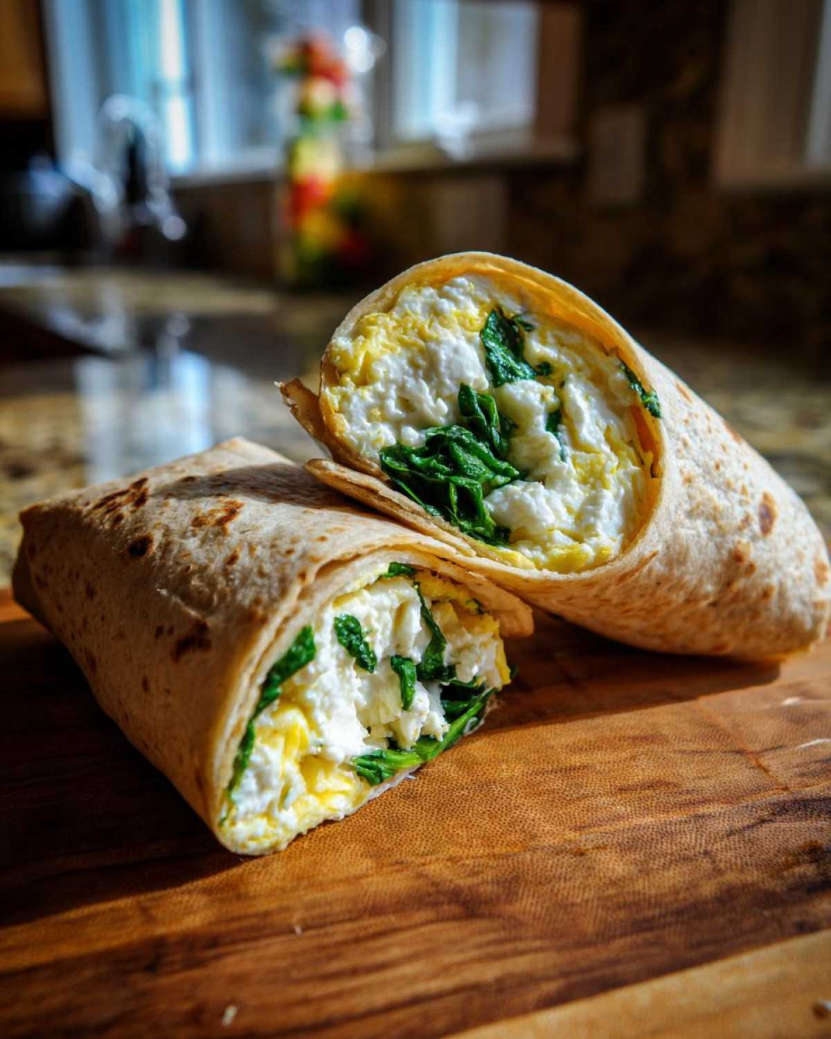 Cross-section view of a High-Protein Egg White Breakfast Wrap filled with egg whites and spinach.