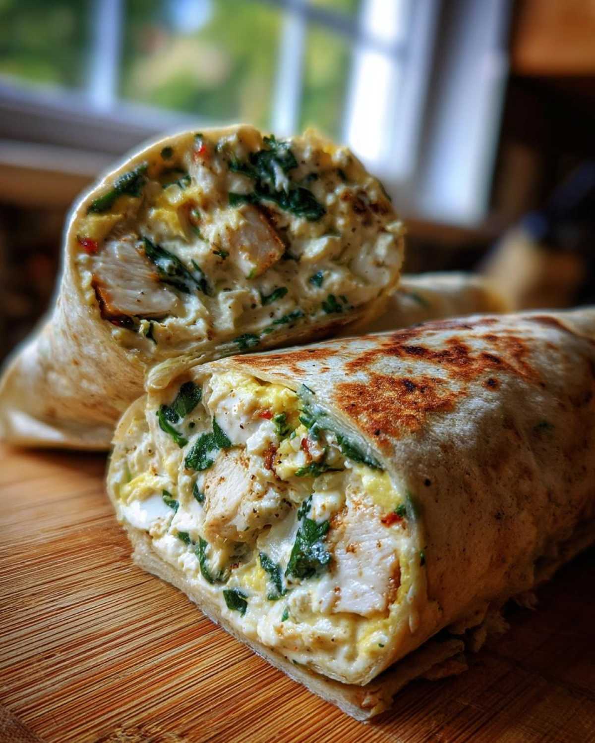 Cross-section view of a High-Protein Egg White Breakfast Wrap filled with egg whites, chicken, and spinach.