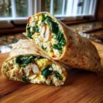 Cross-section of a High-Protein Egg White Breakfast Wrap filled with egg whites, spinach, and chicken.