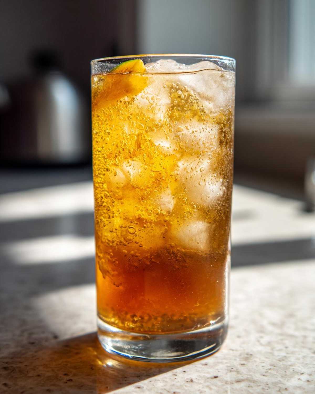 Close-up of a tall glass filled with bubbly, amber Iced Peach Green Tea, ice cubes, and a citrus garnish.