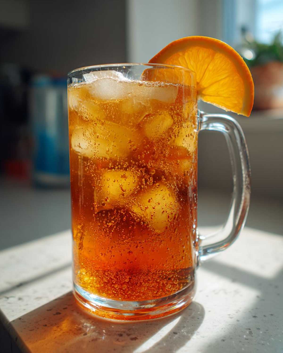Close-up of a tall glass mug filled with bubbly Iced Peach Green Tea, ice cubes, and garnished with an orange slice.