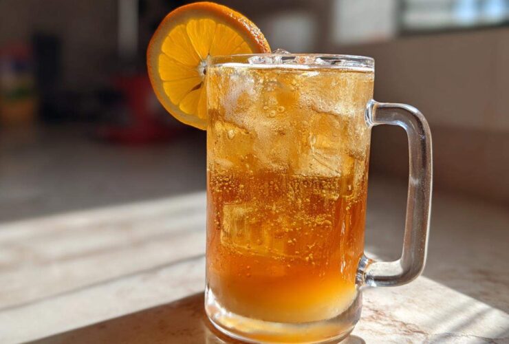 A tall glass mug filled with bubbly Iced Peach Green Tea, ice cubes, and garnished with a bright orange slice.