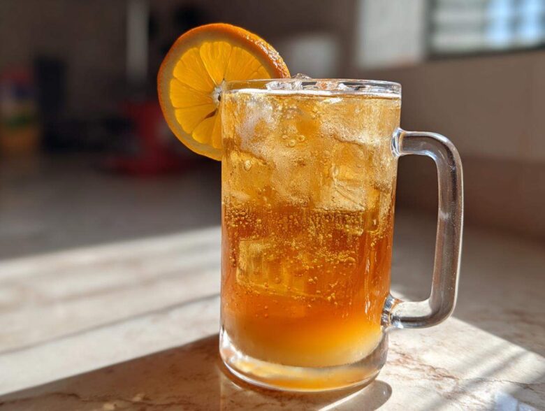 A tall glass mug filled with bubbly Iced Peach Green Tea, ice cubes, and garnished with a bright orange slice.