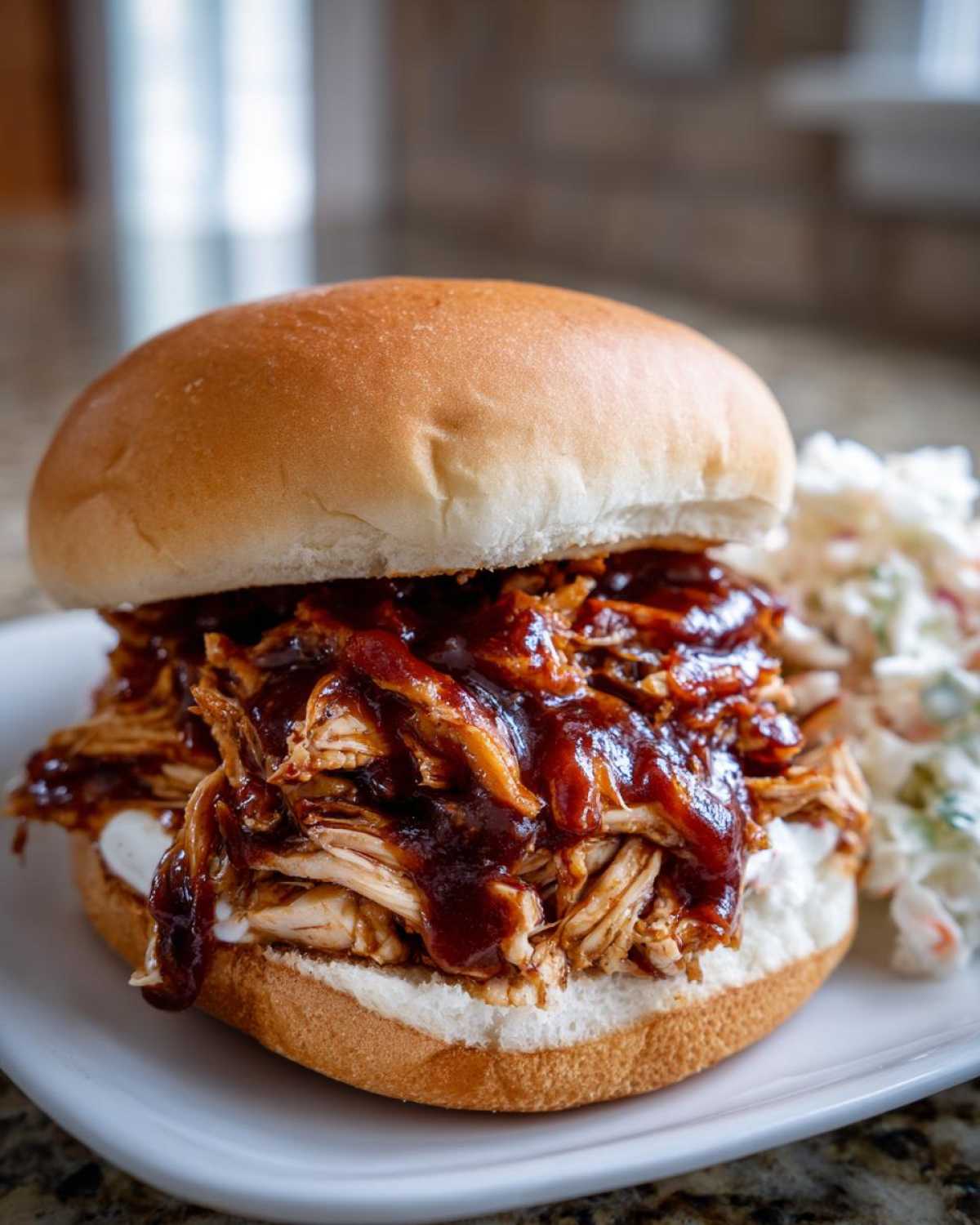A close-up of a fully loaded Instant Pot BBQ Pulled Chicken Sandwich dripping with sauce, served with coleslaw.