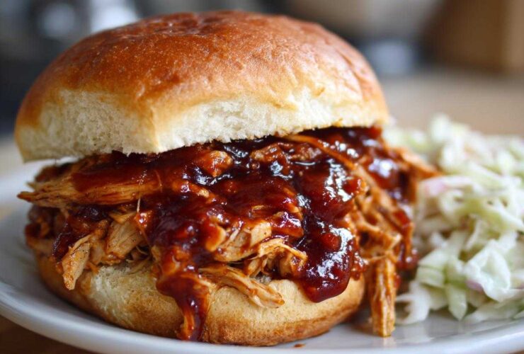A close-up of a juicy Instant Pot BBQ Pulled Chicken Sandwich piled high with shredded chicken and dripping BBQ sauce, served with coleslaw.