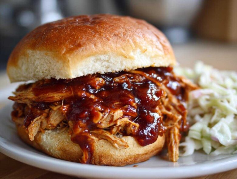 A close-up of a juicy Instant Pot BBQ Pulled Chicken Sandwich piled high with shredded chicken and dripping BBQ sauce, served with coleslaw.