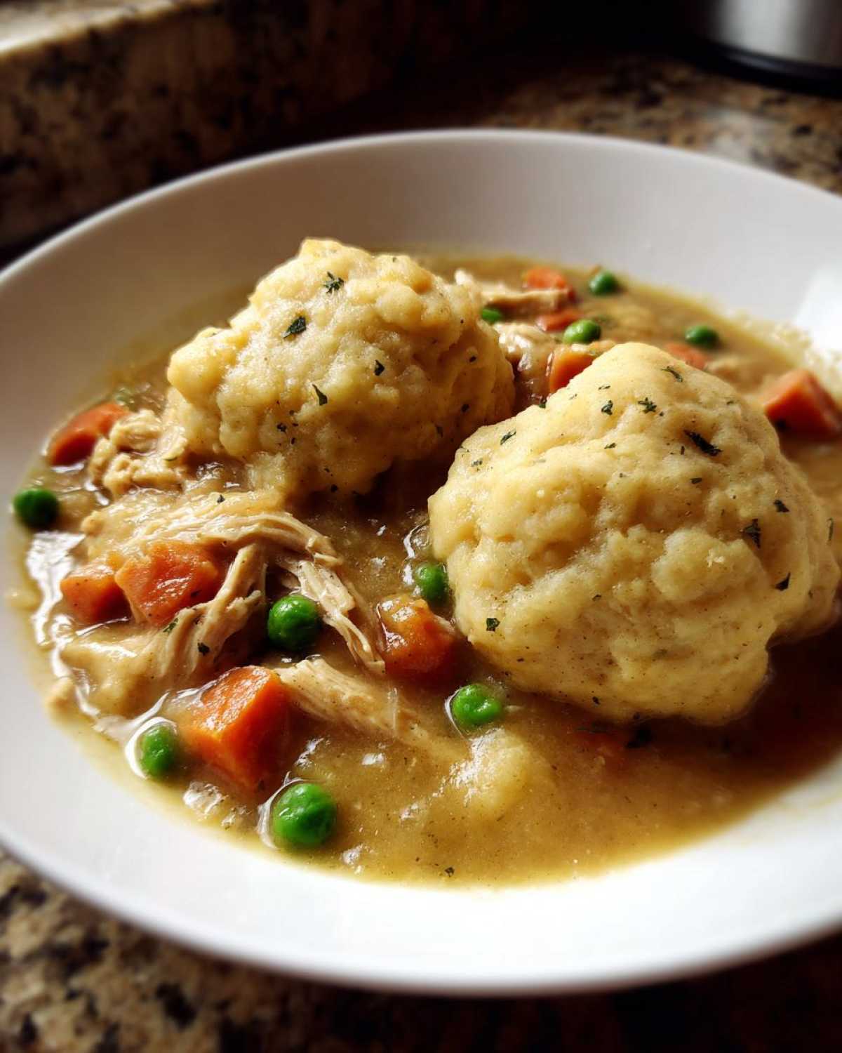 Close-up of a bowl of Instant Pot Chicken and Dumplings with fluffy dumplings, shredded chicken, carrots, and peas.