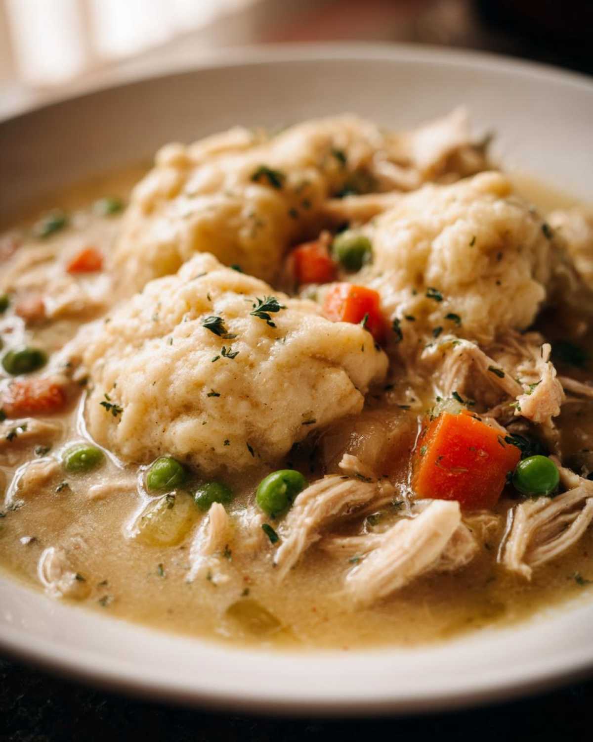 Close-up of a bowl of creamy Instant Pot Chicken and Dumplings with shredded chicken, carrots, and peas.