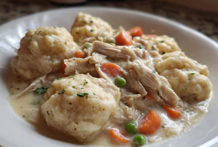 Close-up of creamy Instant Pot Chicken and Dumplings with fluffy dumplings and shredded chicken.